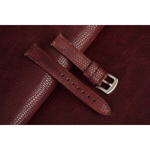 Kožený remienok na hodinky, kvalitná koža s textúrou jašterice v bordovo-hnedom odtieni s medeným prešívaním. Ručná výroba. Dostupné šírky 18,20,22,24 mm.
