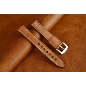 Kožený remienok na hodinky, elegantný, svetlohnedý s béžovým prešívaním.