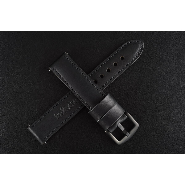 Remienok na smart hodinky 20mm pre Samsung, Garmin, Amazfit, Huawei...atď. Hercules – čierna talianska koža s čiernym prešívaním, ručne vyrobený.