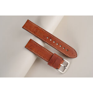 Remienok pre Apple Watch 1–9 a SE (38/40/41 mm) ovčia koža, koňak, béžové prešívanie, ručne vyrobený, š. 22mm.