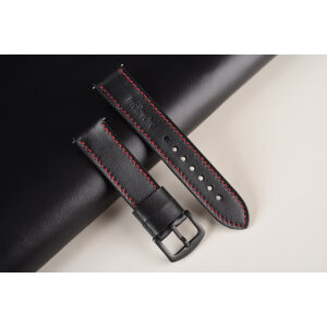 Kožený remienok pre Apple Watch 42/44/45/46/49 mm | Classic 24mm, hlboko čierny, červené prešívanie, kompatibilný so sériami 1–10 a Ultra.