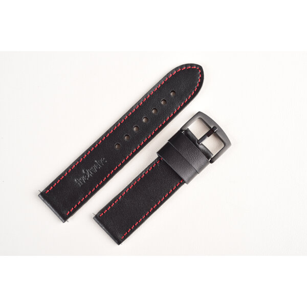 Remienok na hodinky 24mm – Classic, hlboko čierna koža, červené prešívanie, ručne vyrobený.
