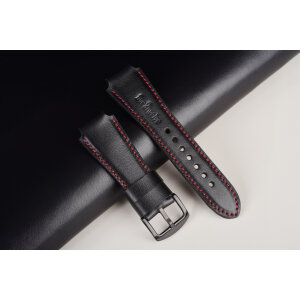 Kožený remienok pre Apple Watch Ultra 1,2 a série 1-10 | Infinity 24mm , hlboká čierna koža, červené prešívanie.
