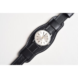 Remienok na hodinky 18mm „Classic“ s podložkou, čierna koža, sivé prešívanie, ručne vyrobený.