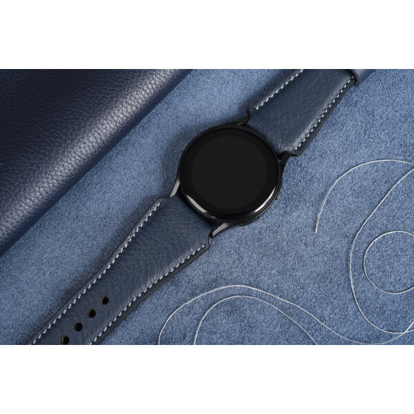 Remienok na smart hodinky 22 mm– Infinity, tmavomodrá koža, sivé prešívanie. Ideálne pre: Samsung Galaxy, Garmin, Amazfit, Huawei, Fossil, Xiaomi, Withings a iné.