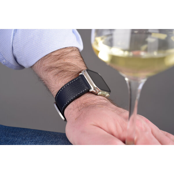 Kožený remienok pre Apple Watch Ultra 1,2 a série 1-10 | Classic 24mm, tmavomodrá koža, sivé prešívanie.