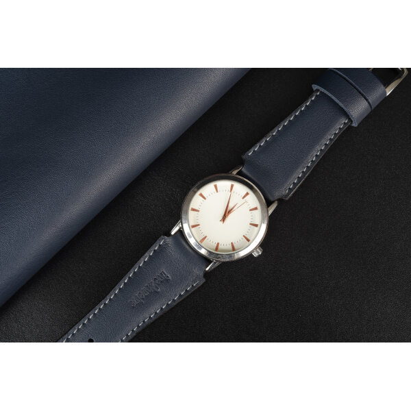 Remienok na hodinky 24 mm | Infinity, tmavomodrá koža, sivé prešívanie, ručne vyrobený. Ideálny pre Seiko, Citizen, Tissot, Casio.