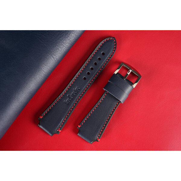 Remienok na smart hodinky 20mm – Infinity, tmavomodrá koža s červeným prešívaním a efektným prešitím po bokoch. Ideálne pre : Samsung, Garmin, Amazfit, Huawei, Fossil, Xiaomi, Withings a iné.