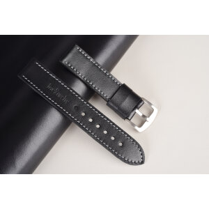 Kožený remienok pre Apple Watch 42/44/45/46/49 mm | Classic 24mm, hlboko čierny, sivé prešívanie, kompatibilný so sériami 1–10 a Ultra.