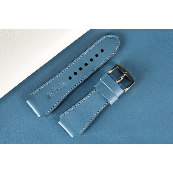 Kožený remienok na Apple Watch 42/44/45/46/49 mm „Infinity“, svetlomodrá koža so sivým prešívaním.