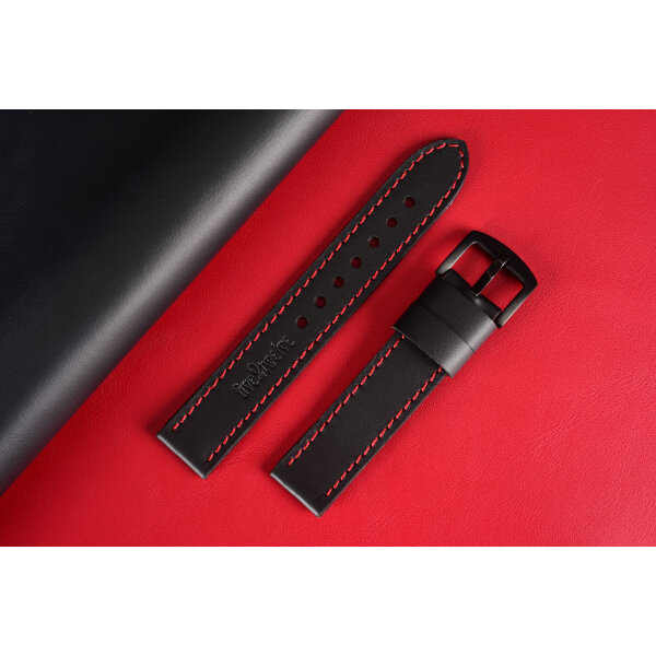 Remienok pre Apple Watch 38/40/41 mm – „Classic“, čierna koža, červené prešívanie, kompatibilný so sériami Apple Watch 1–9 a SE.