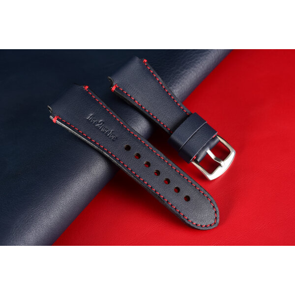 Kožený remienok na Apple Watch (42/44/45/46/49 mm) „Infinity“, tmavomodrá koža s červeným prešívaním, ručne vyrobený.