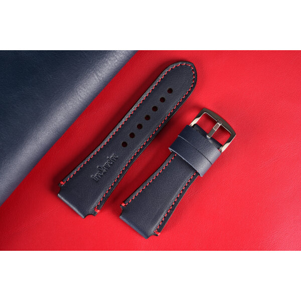 Kožený remienok na Apple Watch (42/44/45/46/49 mm) „Infinity“, tmavomodrá koža s červeným prešívaním, ručne vyrobený.